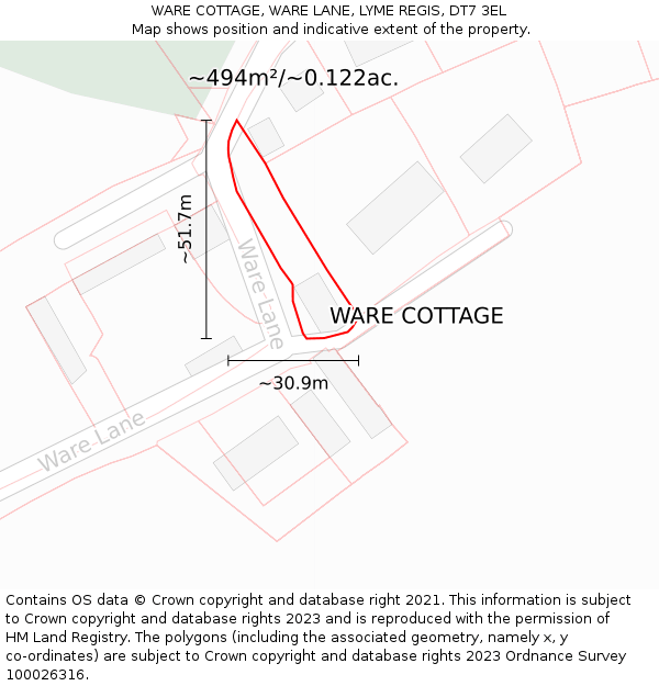 WARE COTTAGE, WARE LANE, LYME REGIS, DT7 3EL: Plot and title map