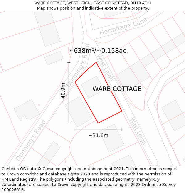 WARE COTTAGE, WEST LEIGH, EAST GRINSTEAD, RH19 4DU: Plot and title map