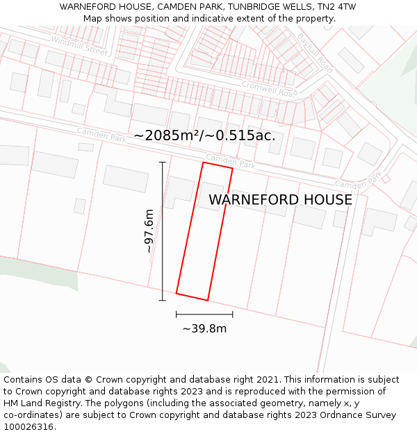 WARNEFORD HOUSE, CAMDEN PARK, TUNBRIDGE WELLS, TN2 4TW: Plot and title map