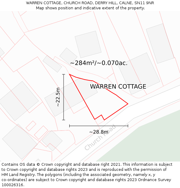 WARREN COTTAGE, CHURCH ROAD, DERRY HILL, CALNE, SN11 9NR: Plot and title map