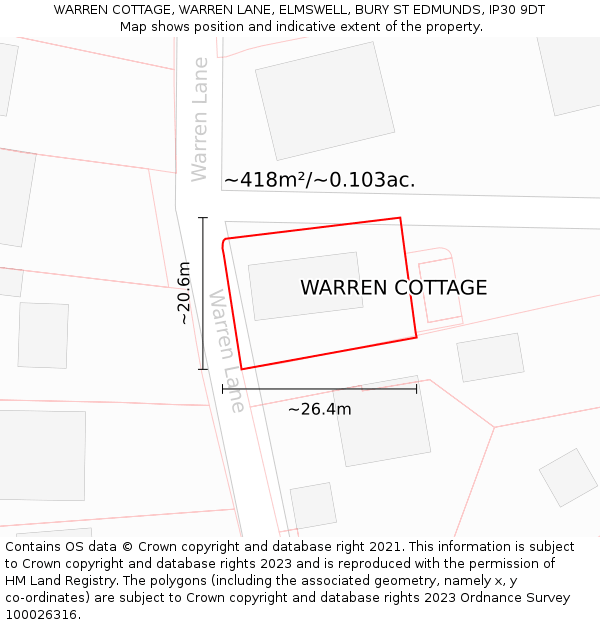 WARREN COTTAGE, WARREN LANE, ELMSWELL, BURY ST EDMUNDS, IP30 9DT: Plot and title map