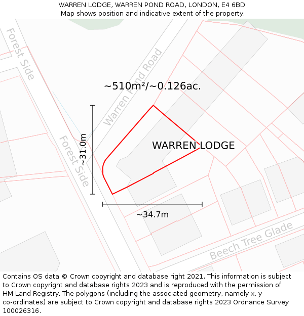 WARREN LODGE, WARREN POND ROAD, LONDON, E4 6BD: Plot and title map