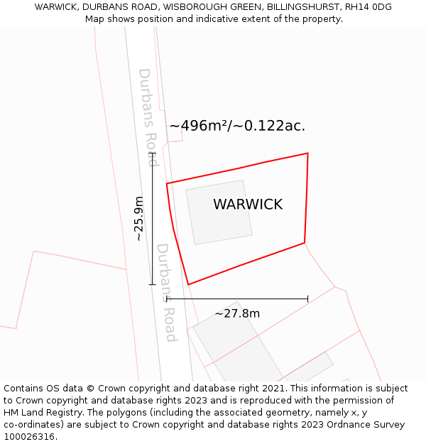 WARWICK, DURBANS ROAD, WISBOROUGH GREEN, BILLINGSHURST, RH14 0DG: Plot and title map
