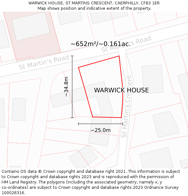 WARWICK HOUSE, ST MARTINS CRESCENT, CAERPHILLY, CF83 1ER: Plot and title map