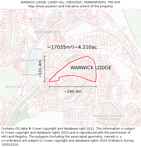 WARWICK LODGE, LISKEY HILL CRESCENT, PERRANPORTH, TR6 0HP: Plot and title map