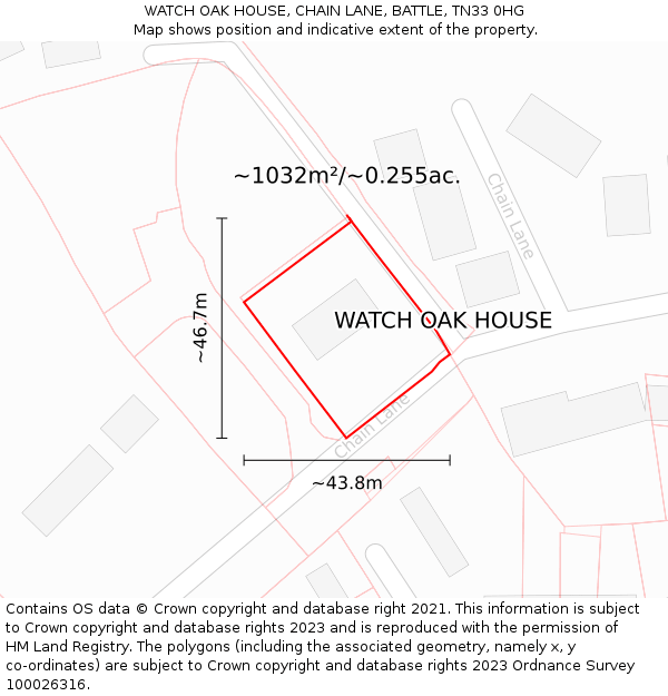 WATCH OAK HOUSE, CHAIN LANE, BATTLE, TN33 0HG: Plot and title map