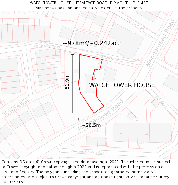 WATCHTOWER HOUSE, HERMITAGE ROAD, PLYMOUTH, PL3 4RT: Plot and title map