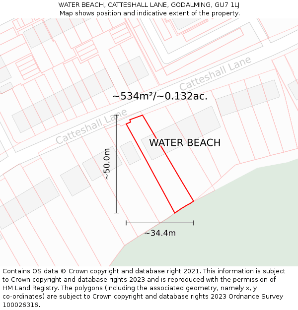 WATER BEACH, CATTESHALL LANE, GODALMING, GU7 1LJ: Plot and title map