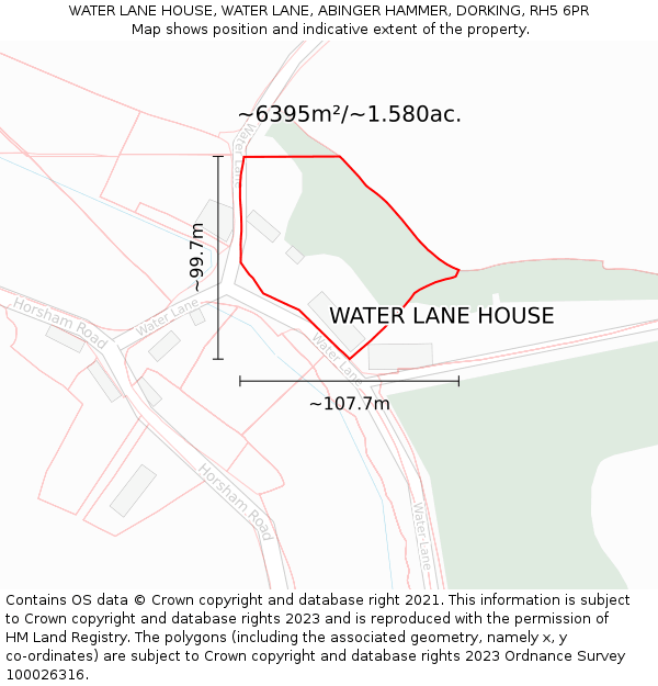 WATER LANE HOUSE, WATER LANE, ABINGER HAMMER, DORKING, RH5 6PR: Plot and title map