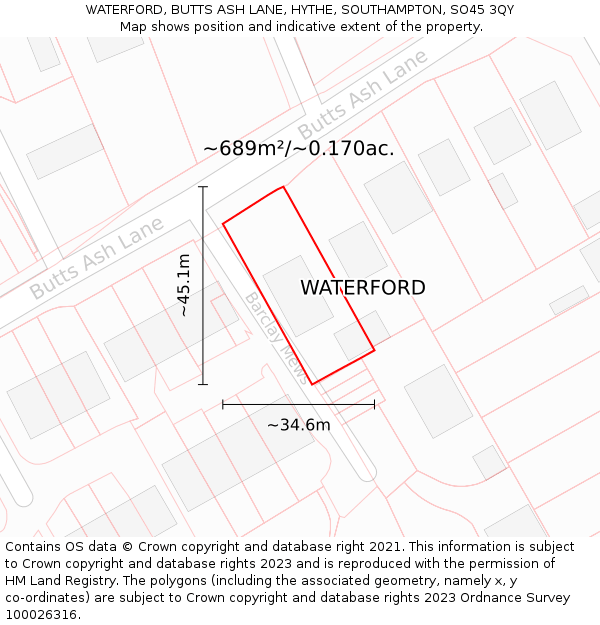 WATERFORD, BUTTS ASH LANE, HYTHE, SOUTHAMPTON, SO45 3QY: Plot and title map