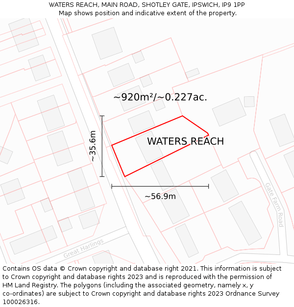 WATERS REACH, MAIN ROAD, SHOTLEY GATE, IPSWICH, IP9 1PP: Plot and title map