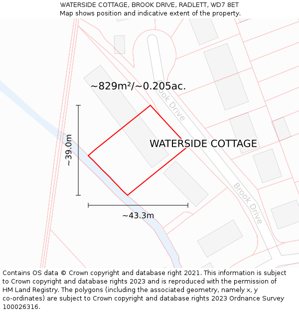 WATERSIDE COTTAGE, BROOK DRIVE, RADLETT, WD7 8ET: Plot and title map