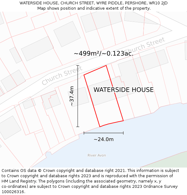 WATERSIDE HOUSE, CHURCH STREET, WYRE PIDDLE, PERSHORE, WR10 2JD: Plot and title map