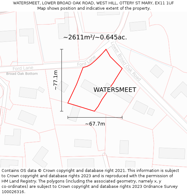 WATERSMEET, LOWER BROAD OAK ROAD, WEST HILL, OTTERY ST MARY, EX11 1UF: Plot and title map
