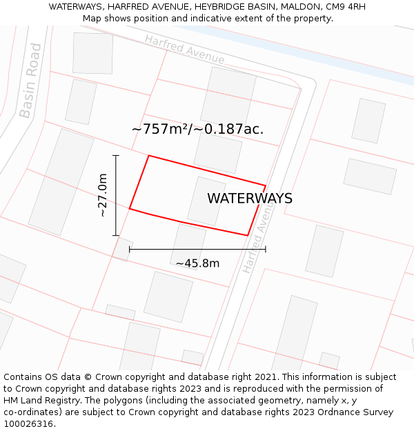 WATERWAYS, HARFRED AVENUE, HEYBRIDGE BASIN, MALDON, CM9 4RH: Plot and title map