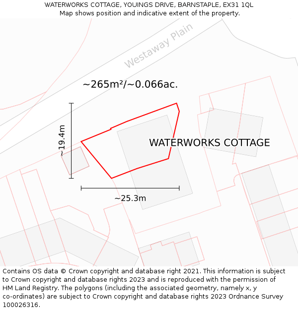 WATERWORKS COTTAGE, YOUINGS DRIVE, BARNSTAPLE, EX31 1QL: Plot and title map