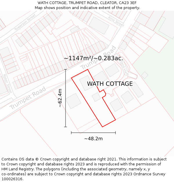 WATH COTTAGE, TRUMPET ROAD, CLEATOR, CA23 3EF: Plot and title map