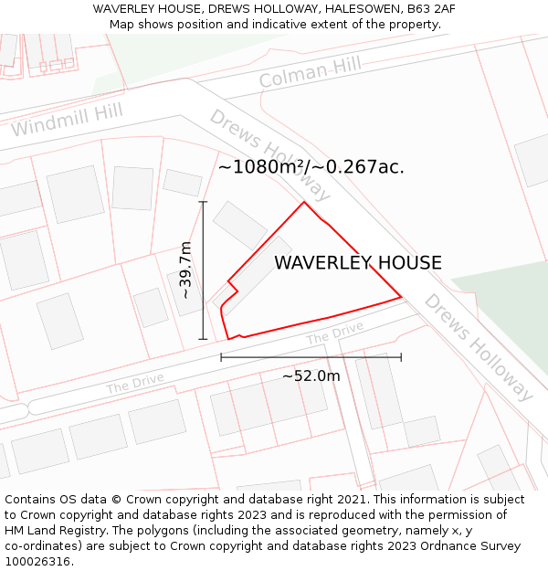 WAVERLEY HOUSE, DREWS HOLLOWAY, HALESOWEN, B63 2AF: Plot and title map