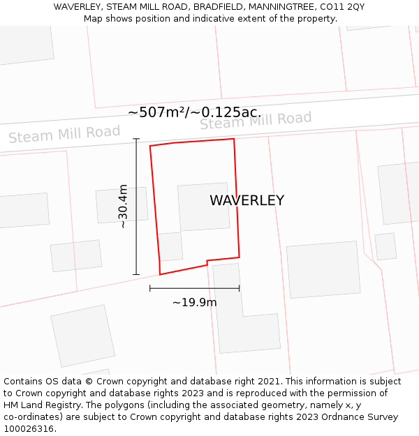 WAVERLEY, STEAM MILL ROAD, BRADFIELD, MANNINGTREE, CO11 2QY: Plot and title map