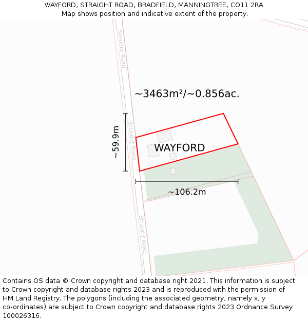 WAYFORD, STRAIGHT ROAD, BRADFIELD, MANNINGTREE, CO11 2RA: Plot and title map