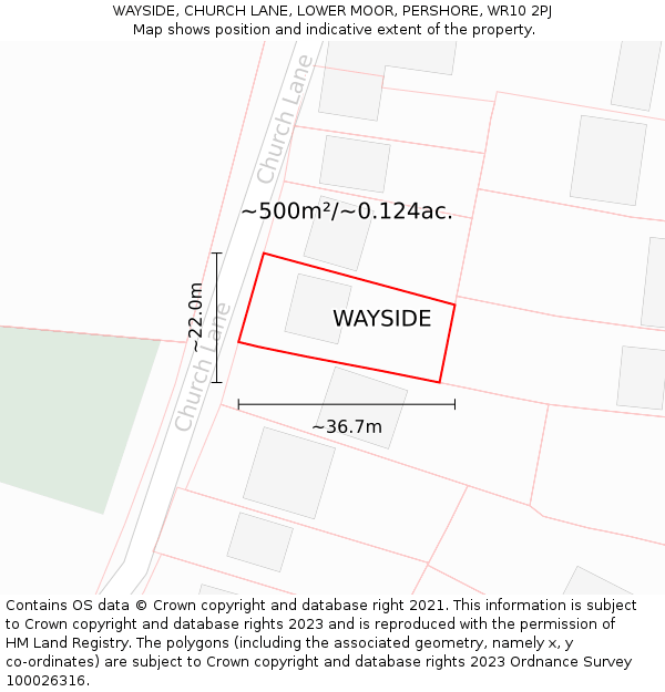 WAYSIDE, CHURCH LANE, LOWER MOOR, PERSHORE, WR10 2PJ: Plot and title map