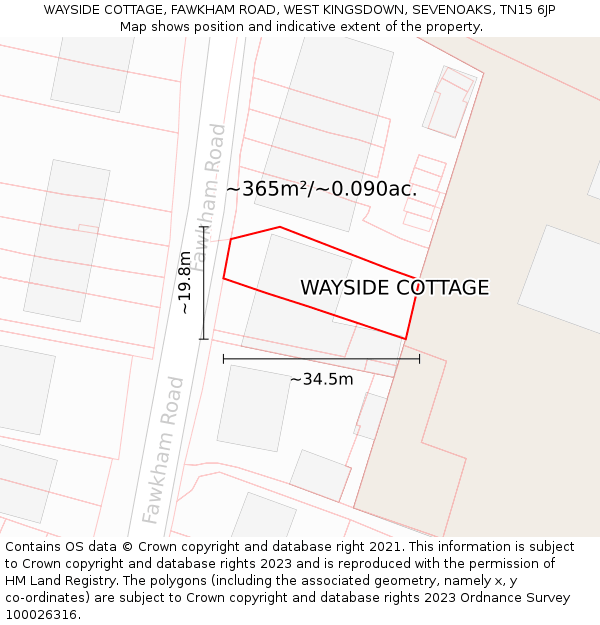 WAYSIDE COTTAGE, FAWKHAM ROAD, WEST KINGSDOWN, SEVENOAKS, TN15 6JP: Plot and title map