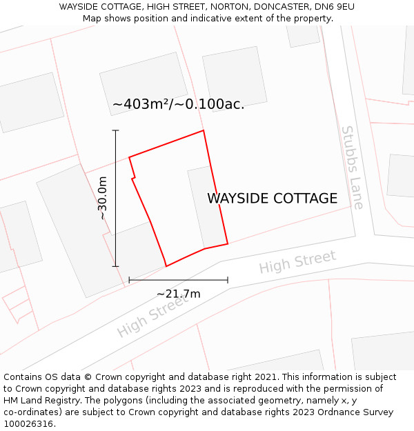 WAYSIDE COTTAGE, HIGH STREET, NORTON, DONCASTER, DN6 9EU: Plot and title map