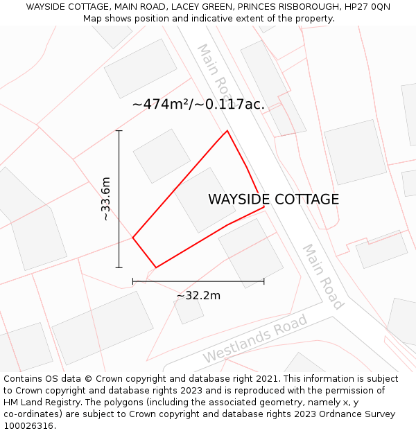 WAYSIDE COTTAGE, MAIN ROAD, LACEY GREEN, PRINCES RISBOROUGH, HP27 0QN: Plot and title map