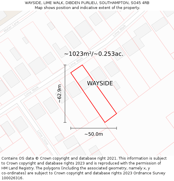 WAYSIDE, LIME WALK, DIBDEN PURLIEU, SOUTHAMPTON, SO45 4RB: Plot and title map