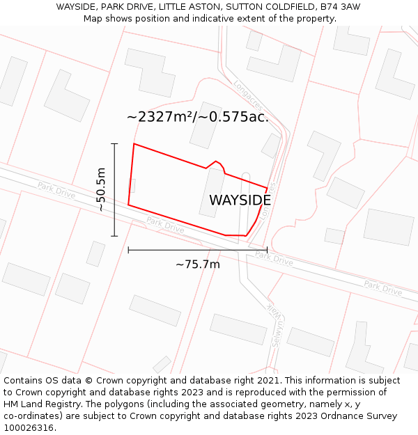 WAYSIDE, PARK DRIVE, LITTLE ASTON, SUTTON COLDFIELD, B74 3AW: Plot and title map