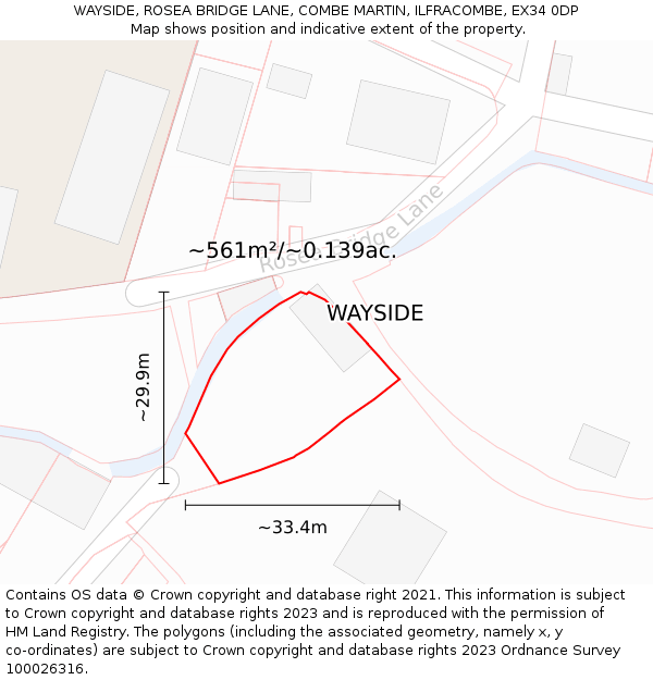 WAYSIDE, ROSEA BRIDGE LANE, COMBE MARTIN, ILFRACOMBE, EX34 0DP: Plot and title map