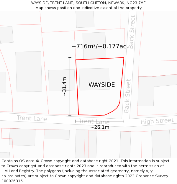 WAYSIDE, TRENT LANE, SOUTH CLIFTON, NEWARK, NG23 7AE: Plot and title map