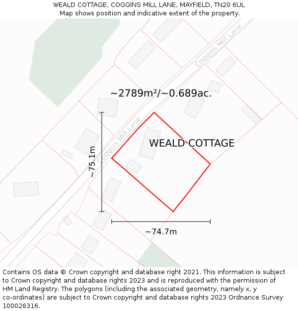 WEALD COTTAGE, COGGINS MILL LANE, MAYFIELD, TN20 6UL: Plot and title map