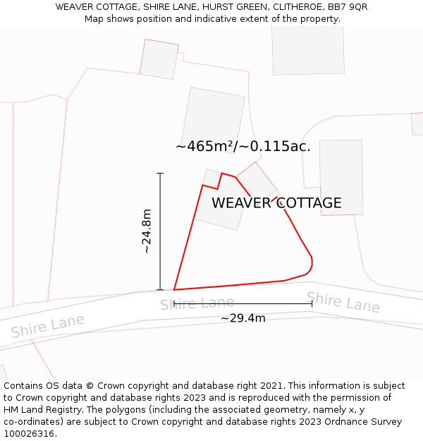 WEAVER COTTAGE, SHIRE LANE, HURST GREEN, CLITHEROE, BB7 9QR: Plot and title map