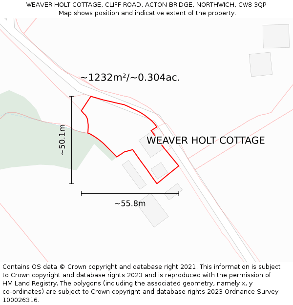 WEAVER HOLT COTTAGE, CLIFF ROAD, ACTON BRIDGE, NORTHWICH, CW8 3QP: Plot and title map