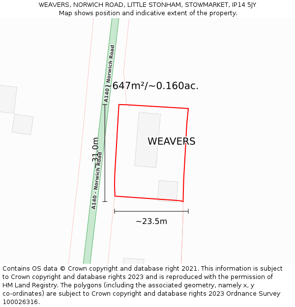 WEAVERS, NORWICH ROAD, LITTLE STONHAM, STOWMARKET, IP14 5JY: Plot and title map