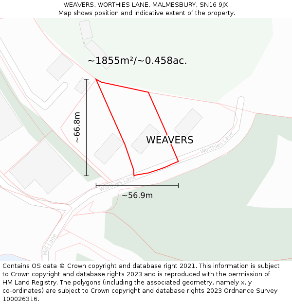 WEAVERS, WORTHIES LANE, MALMESBURY, SN16 9JX: Plot and title map