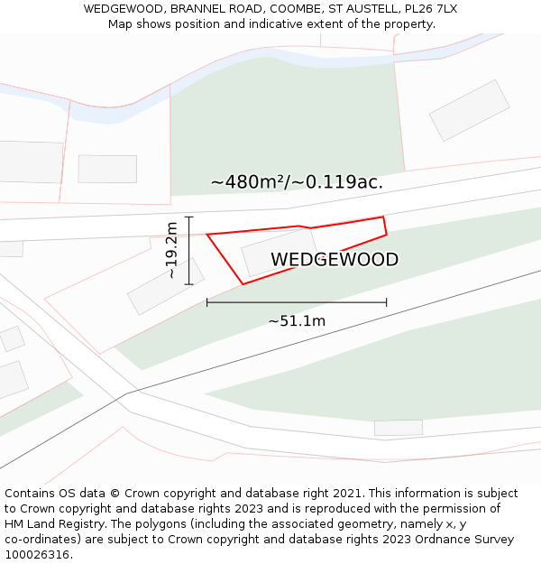 WEDGEWOOD, BRANNEL ROAD, COOMBE, ST AUSTELL, PL26 7LX: Plot and title map