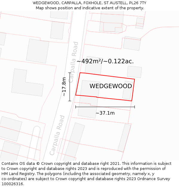 WEDGEWOOD, CARPALLA, FOXHOLE, ST AUSTELL, PL26 7TY: Plot and title map
