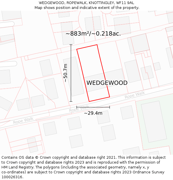 WEDGEWOOD, ROPEWALK, KNOTTINGLEY, WF11 9AL: Plot and title map