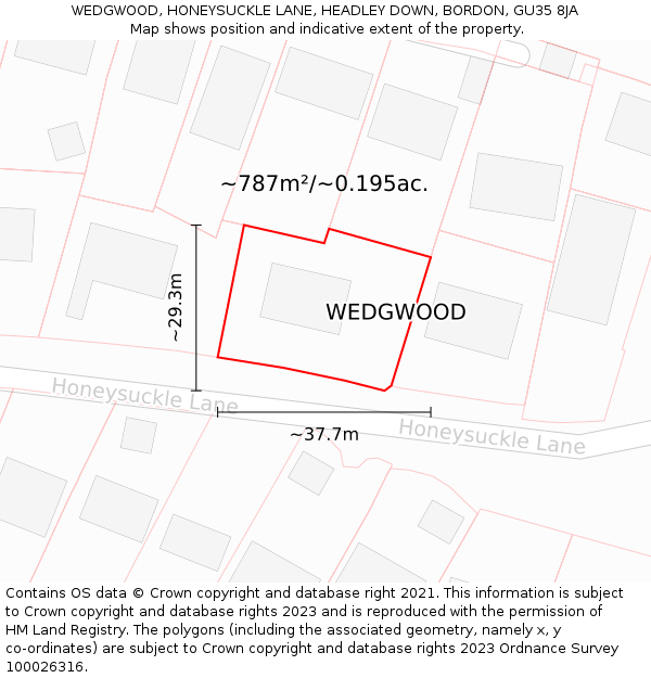 WEDGWOOD, HONEYSUCKLE LANE, HEADLEY DOWN, BORDON, GU35 8JA: Plot and title map