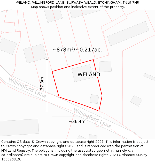 WELAND, WILLINGFORD LANE, BURWASH WEALD, ETCHINGHAM, TN19 7HR: Plot and title map