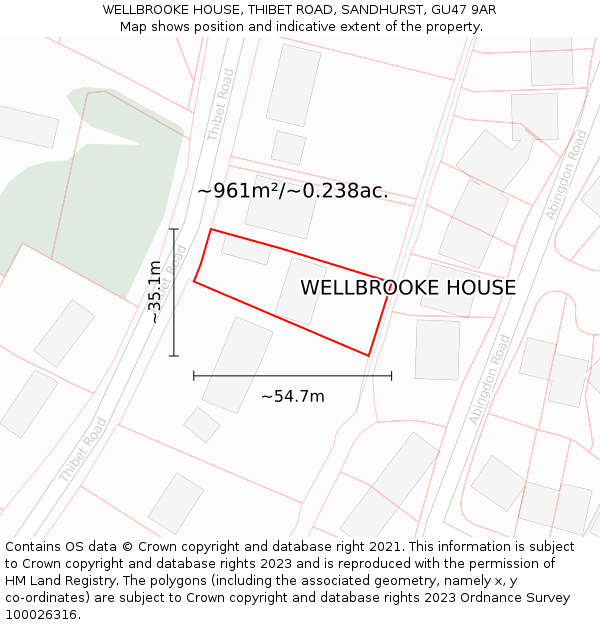 WELLBROOKE HOUSE, THIBET ROAD, SANDHURST, GU47 9AR: Plot and title map