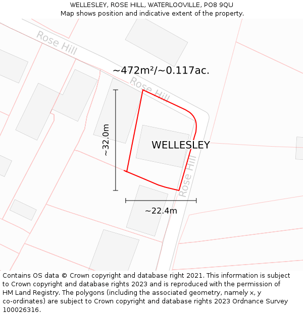 WELLESLEY, ROSE HILL, WATERLOOVILLE, PO8 9QU: Plot and title map
