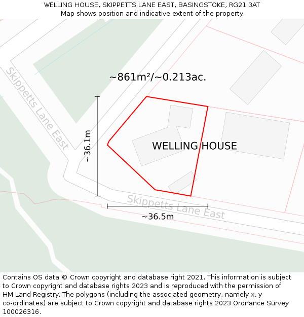 WELLING HOUSE, SKIPPETTS LANE EAST, BASINGSTOKE, RG21 3AT: Plot and title map