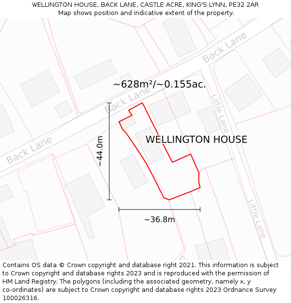WELLINGTON HOUSE, BACK LANE, CASTLE ACRE, KING'S LYNN, PE32 2AR: Plot and title map