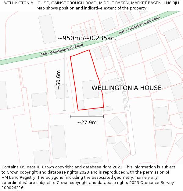 WELLINGTONIA HOUSE, GAINSBOROUGH ROAD, MIDDLE RASEN, MARKET RASEN, LN8 3JU: Plot and title map