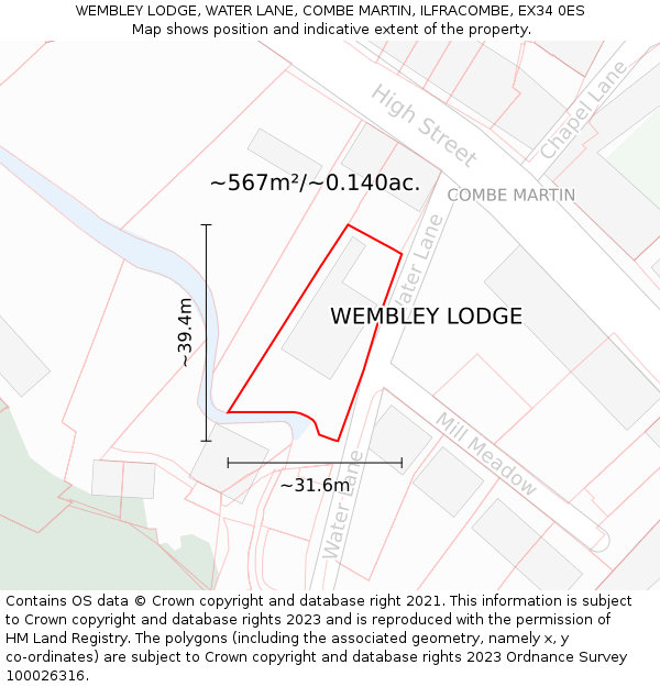 WEMBLEY LODGE, WATER LANE, COMBE MARTIN, ILFRACOMBE, EX34 0ES: Plot and title map