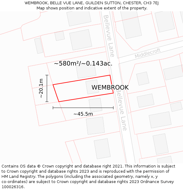 WEMBROOK, BELLE VUE LANE, GUILDEN SUTTON, CHESTER, CH3 7EJ: Plot and title map