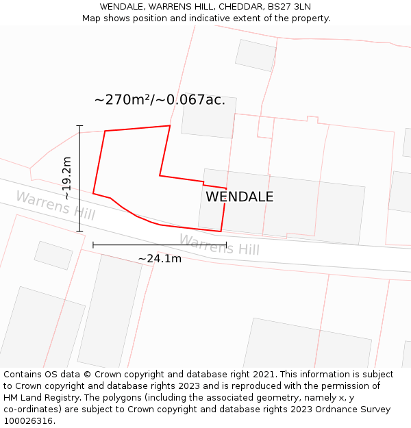 WENDALE, WARRENS HILL, CHEDDAR, BS27 3LN: Plot and title map